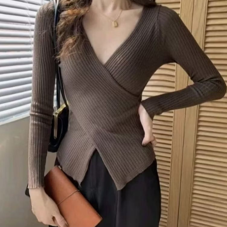 BAJU TOP KNIT V-NECK KOREA STYLE WRAP TOP/ ATASAN RAJUT WANITA LENGAN PANJANG SELEMPANG V-NECK RAJUT