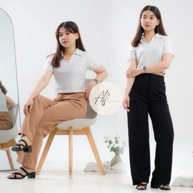 Celana Cozy Long Pants Wanita Kulot Highwaist Rib Knit Premium Kekinian