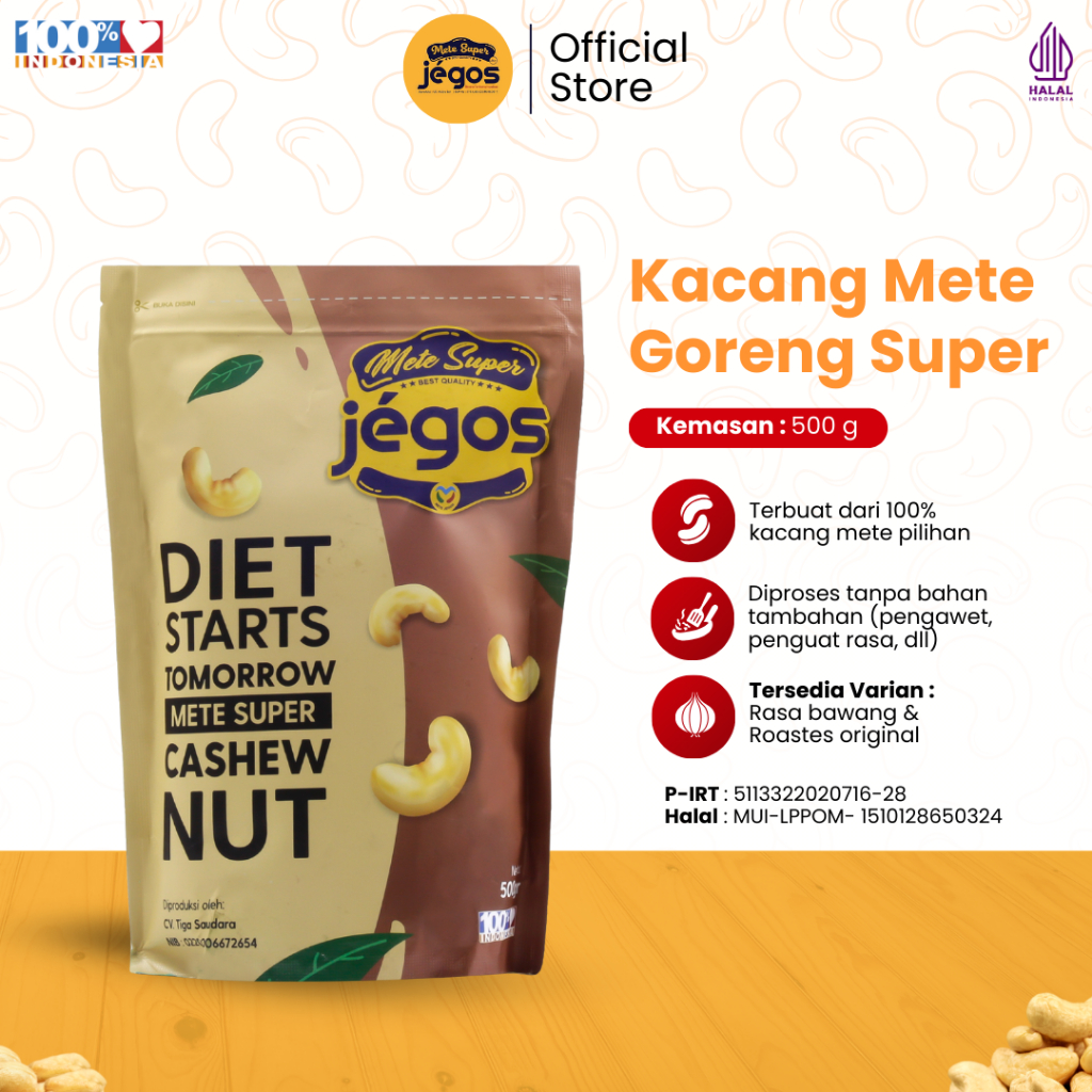 

Kacang Mete Goreng Super Utuh Rasa Bawang Kualitas Mede Premium Kemasan 500gr Jegos