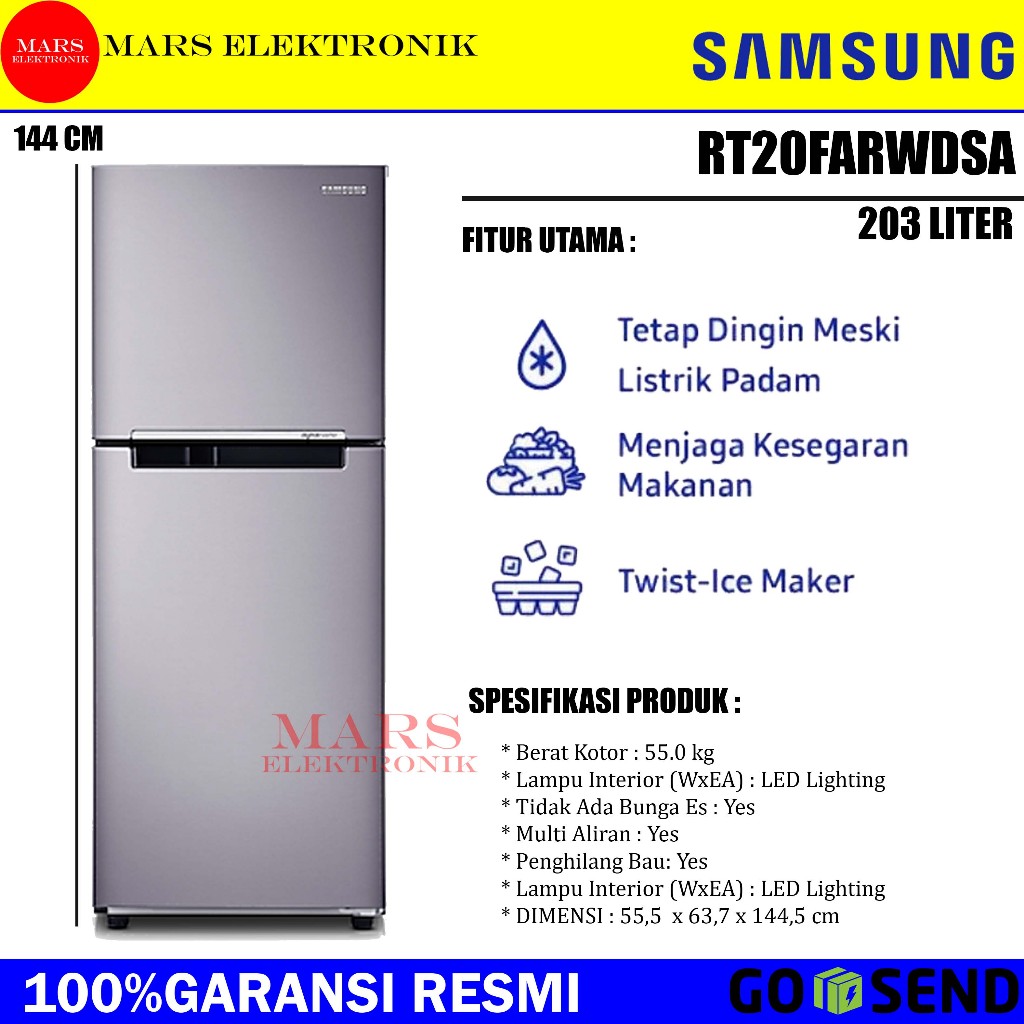 KULKAS SAMSUNG RT-20FARWDSA / KAPASITAS 203 LITER / RT 20 FARWDSA / RT20FARWDSA / READY