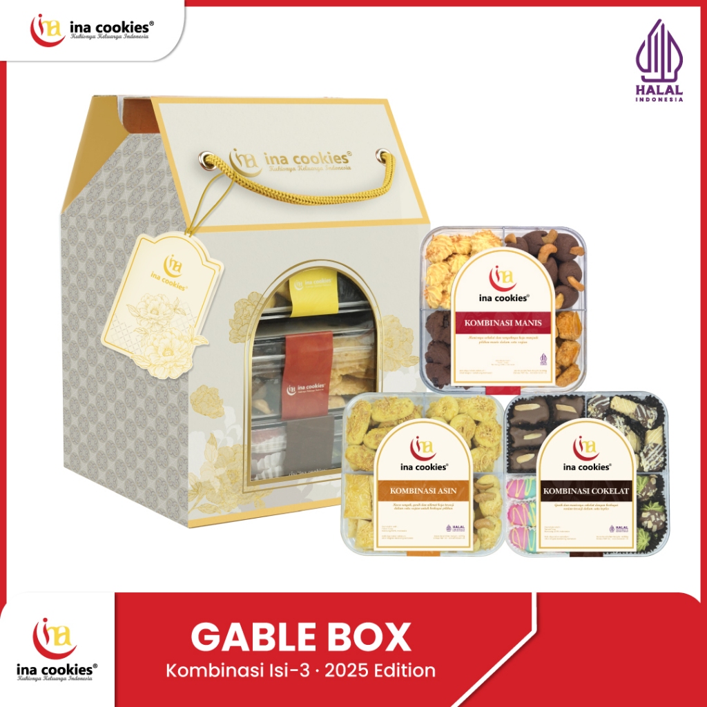 

Hampers Lebaran 2025 Gable Box Kombinasi isi 3 Toples Kue Kering Premium Ina Cookies