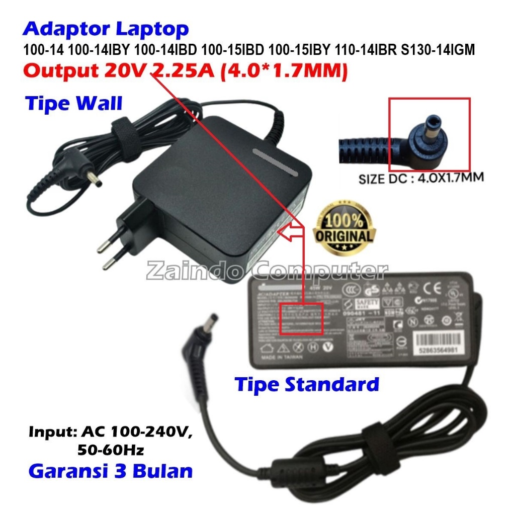 ADAPTOR LENOVOO 20V 2.25A (4.0*1.7MM)  510-15IKB 510-15ISK 510S-12ISK 510S-13ISK 510S-13IKB 510S-14I