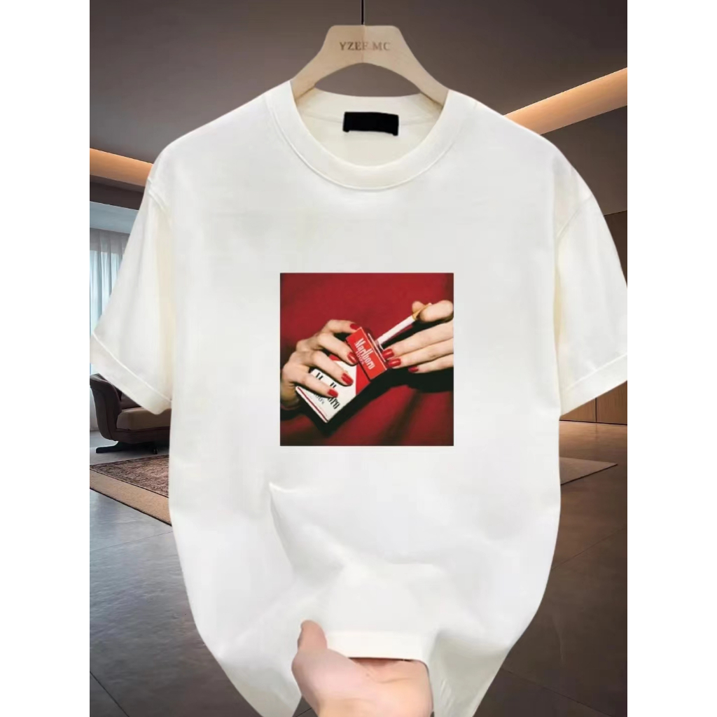 2025 musim panas baru Marlboro mencetak kaos katun lengan pendek pria longgar seratus tren atasan le