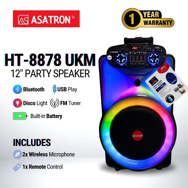 ASATRON HT-8878 UKM 12 INCH RMS 40W SPEAKER MEETING PORTABLE BLUETOOTH KARAOKE INCLUDE MIC WIRELESS 