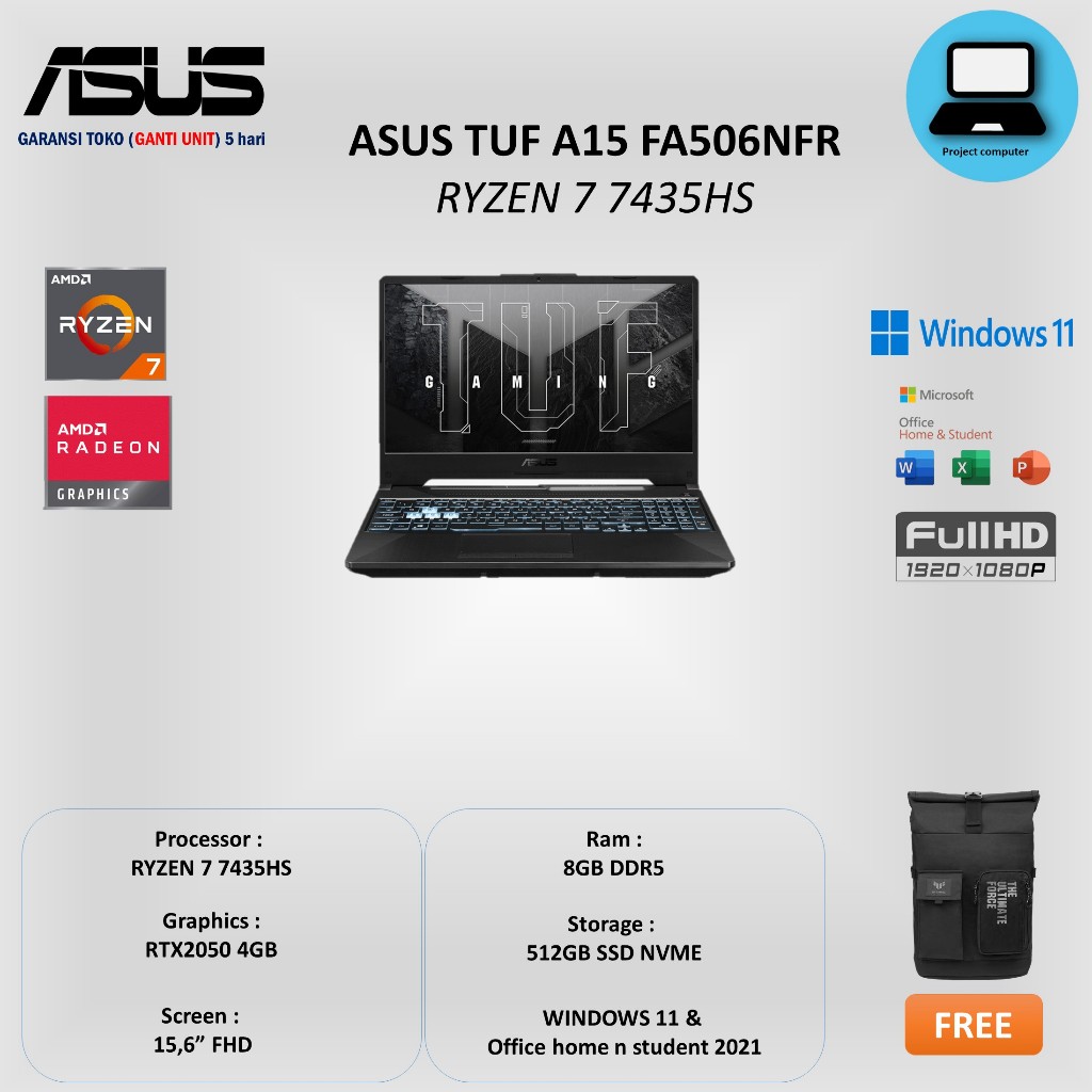 ASUS TUF Gaming A15 FA506NFR Ryzen 7-7435HS RTX2050 512GB 15.6" FHD 144Hz W11 OHS