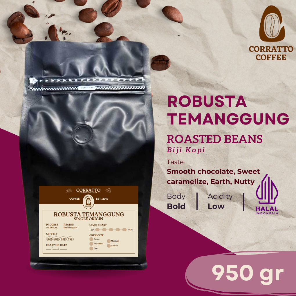 

Biji Kopi Robusta Temanggung 950 gram Corratto Coffee