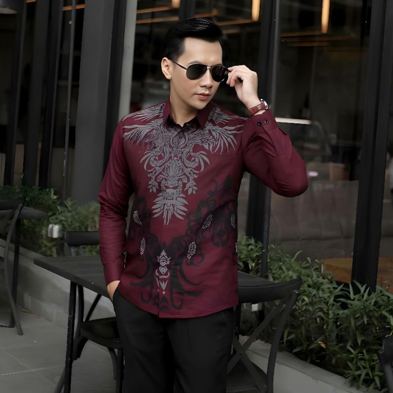 Kemeja Batik Pria Lengan Panjang Warna Burgundy Formal Baju Batik Kantor Cowok Ukuran M L XL XXL