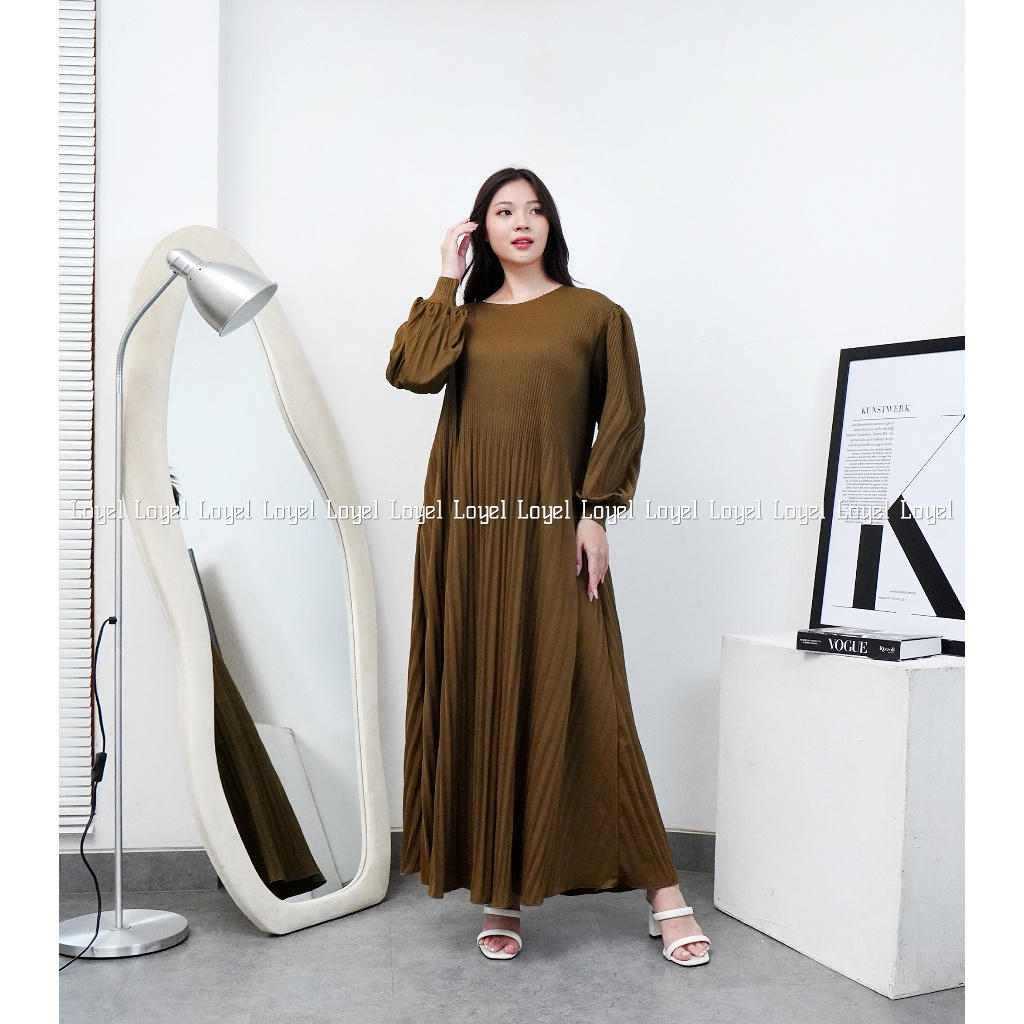 Dress Maxi Plisket Lidi Cabang Lengan Balon / Dress Panjang / Gaun Plisket Panjang / Pleated Dress