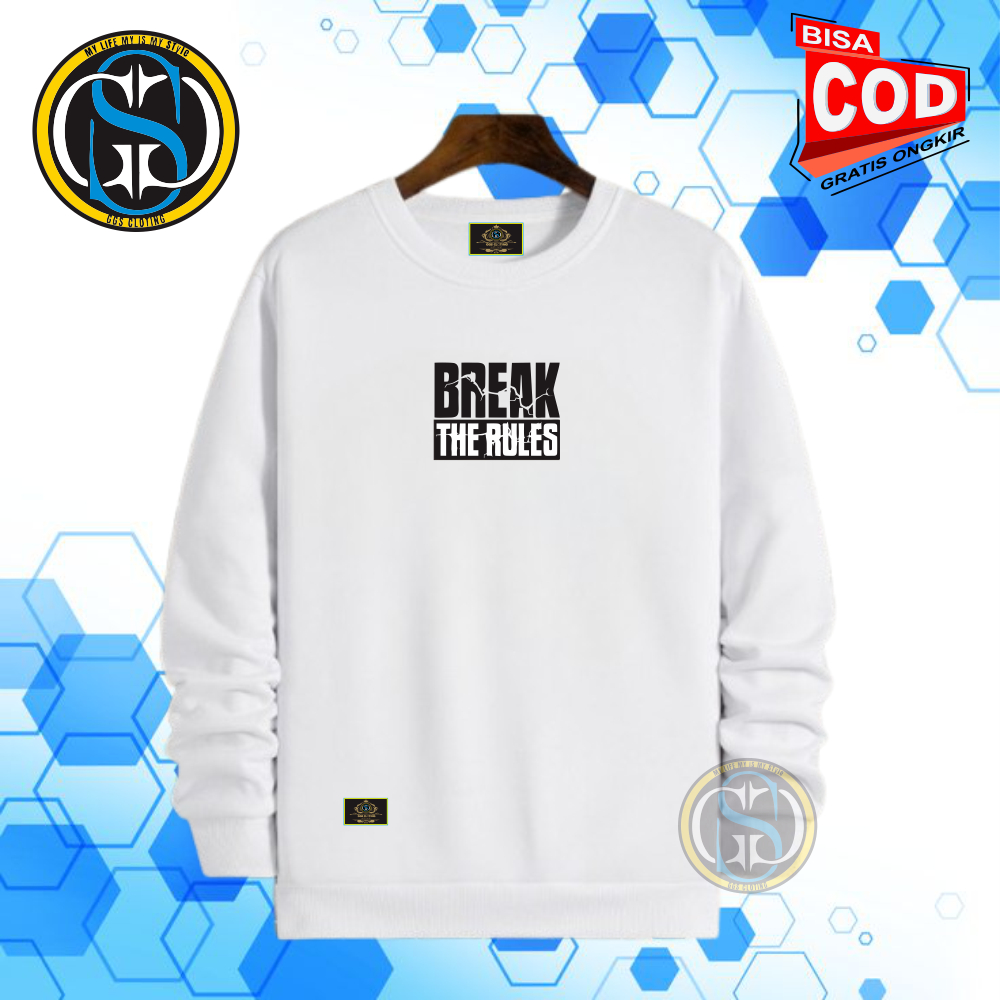 Crewneck Distro Sweatshirt Pria Wanita Keren Warna Putih Motif Break Rules Bahan Katun Fleece Tebal