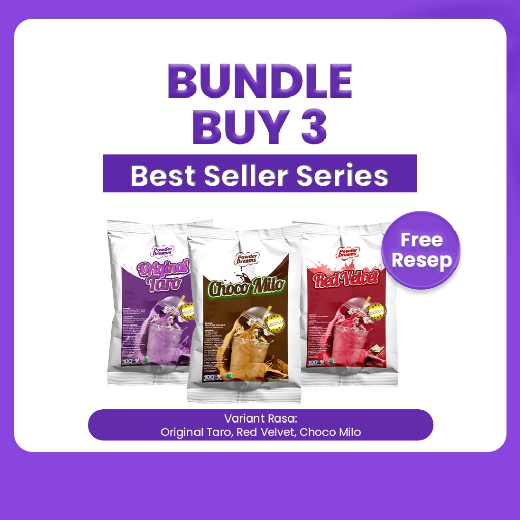 

Powder Dreams - Paket Usaha Bundle Buy 3 Best Seller Choco Milo Red Velvet Taro 250gr + FREE RESEP