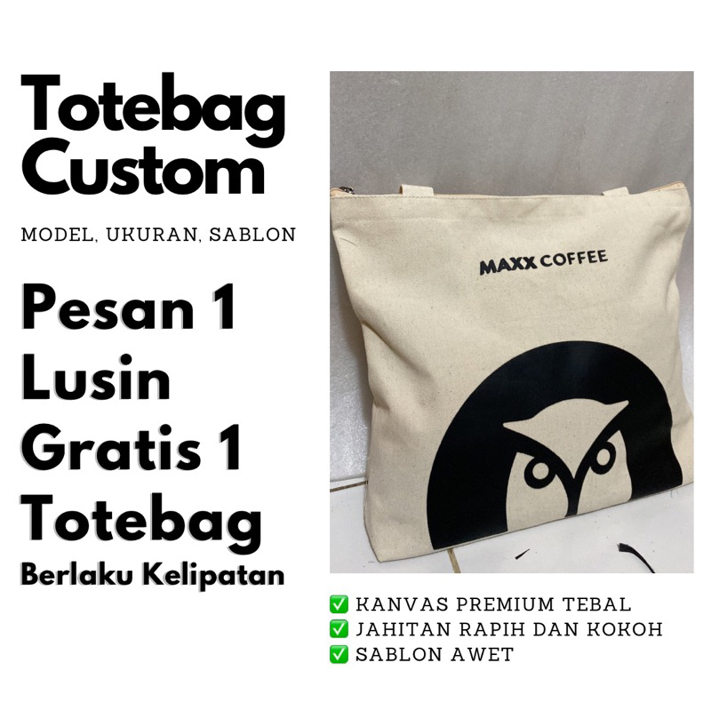 Custom Tote Bag Kanvas Natural Tebal - Custom Model, Ukuran, & Sablon - Totebag Kanvas Natural Tebal