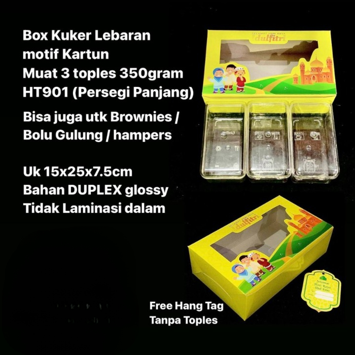 

Dus Kuker Edisi Lebaran 15x25x7.5 Cm Box Muat 3 Toples 350gr