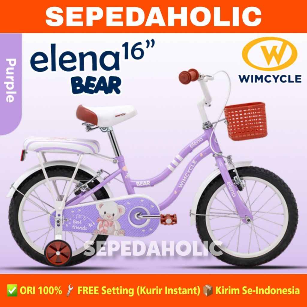 Sepeda Anak Perempuan WIMCYCLE ELENA BEAR Keranjang Ukuran 16 Inch Usia 4-6 Tahun