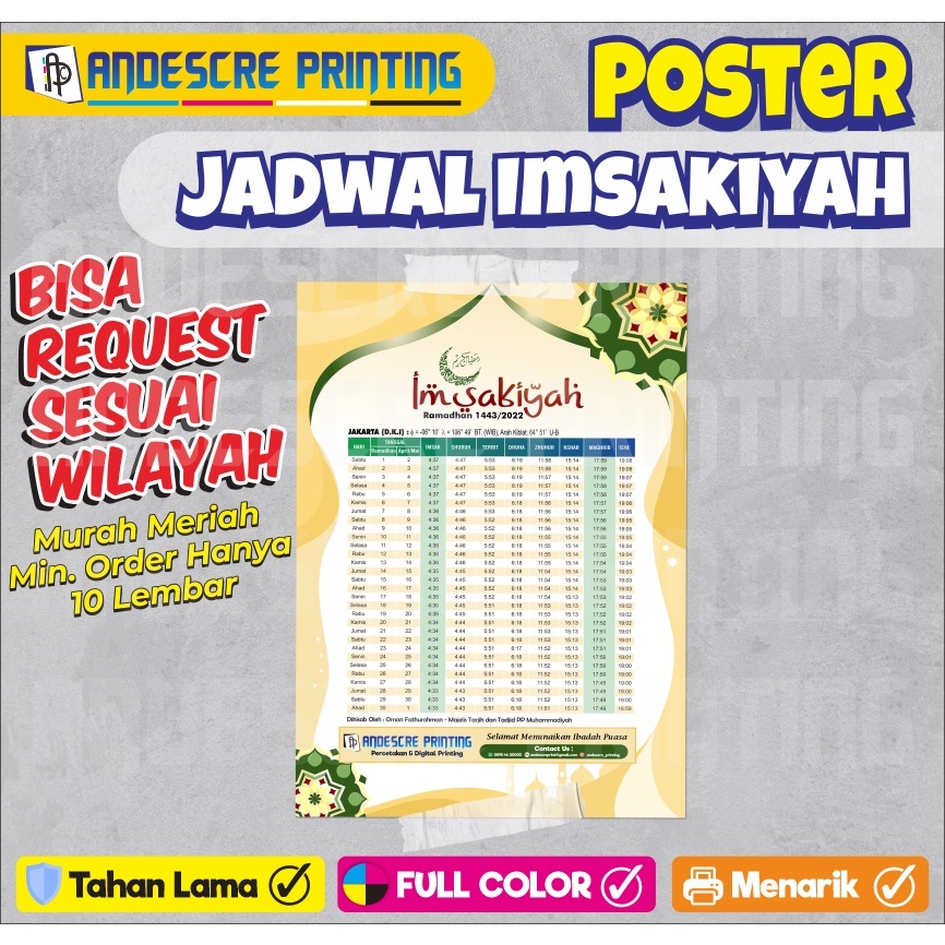 

Cetak Jadwal Imsakiyah Ramadhan Murah Semua Wilayah Ukr A4 (1 Sisi ) Bahan Art Paper 150 gr Murah !! Kualitas OK