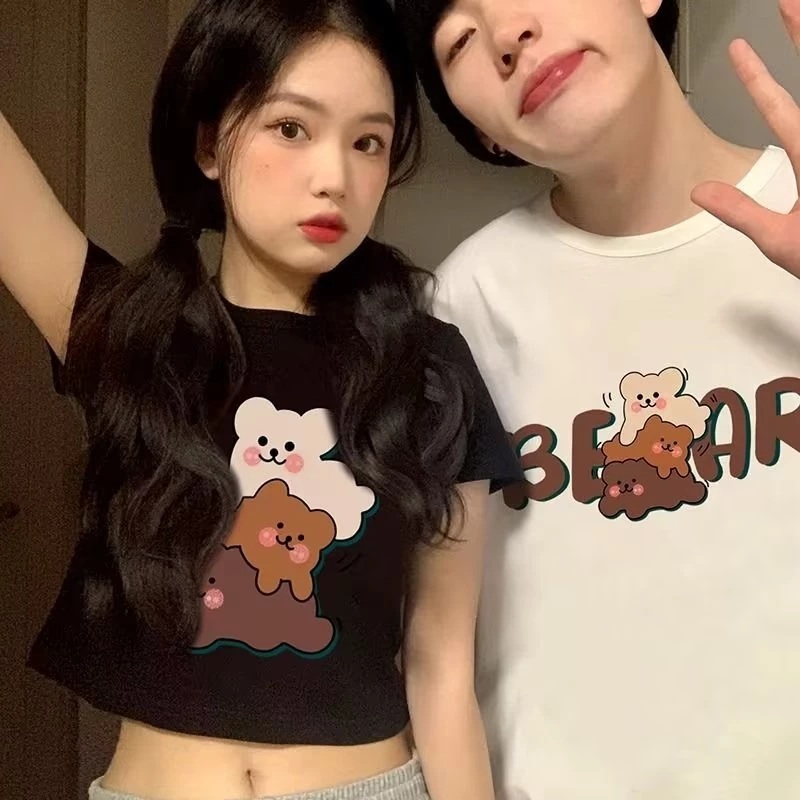 Kaos Tshirt Crop Tee Couple TRIO BEAR  Baju Pasangan Cowok Cewek Pacaran Serasi Keren Kembaran Ayang