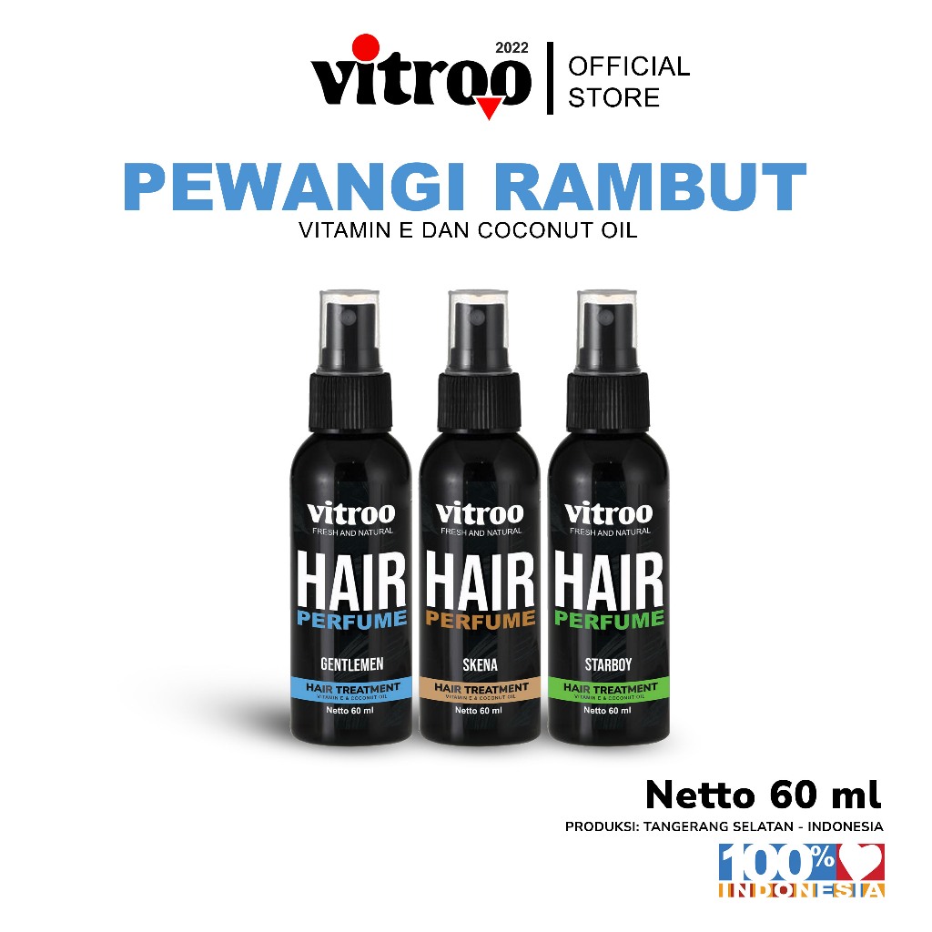 Vitroo Parfum Rambut Hair Mist Spray Pewangi Rambut Pria Ekstak Miyak Kelapa dan Vitamin E 60 ml