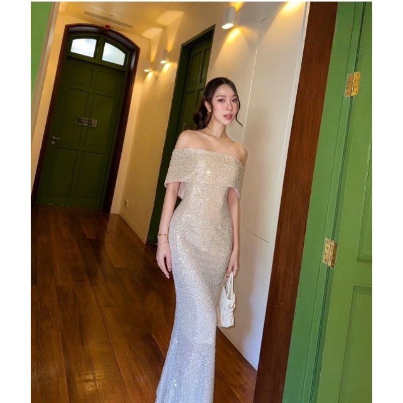 dress silver sequin maxi sabrina dress basic simple sleeve dress sister photoshoot europe paris gaun