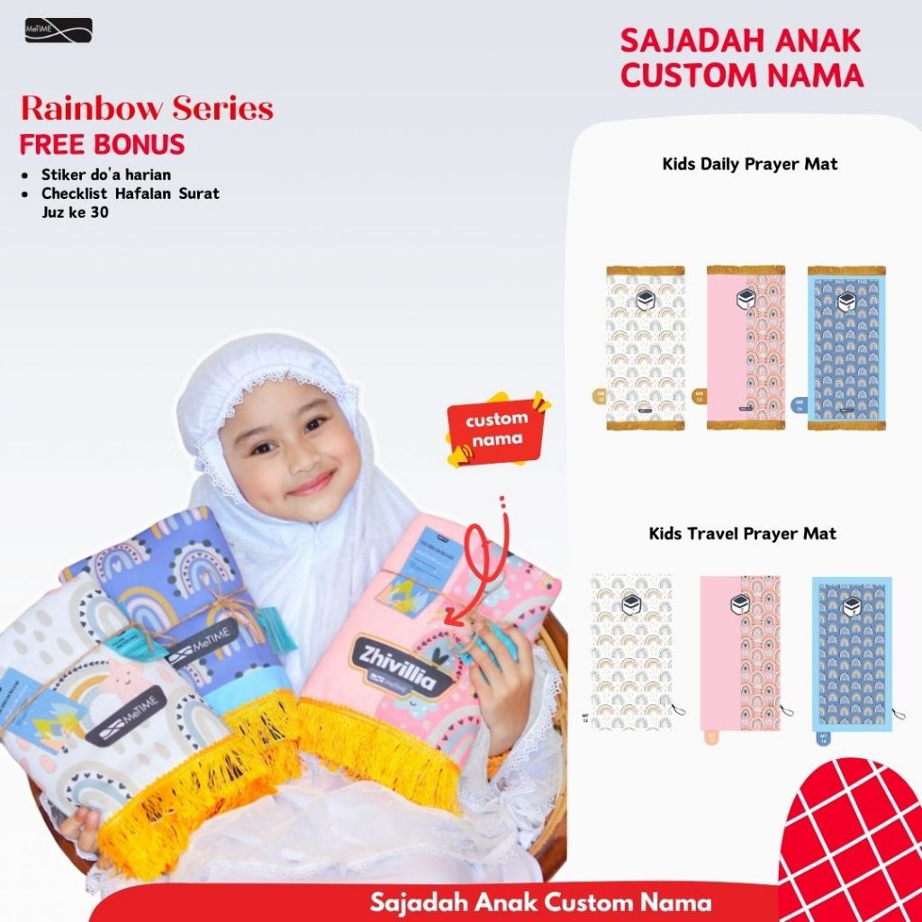 MeTime - Sajadah Anak Custom Nama - Sajadah Tebal Anak - Sajadah Travel Anak (Rainbow Series)