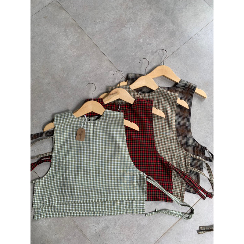 OUTFITME Vest Kotak kotak Crop/ Vest Tali Samping Crop Wanita/Rompi Wanita Outer Crop Kotak-Kotak Ko