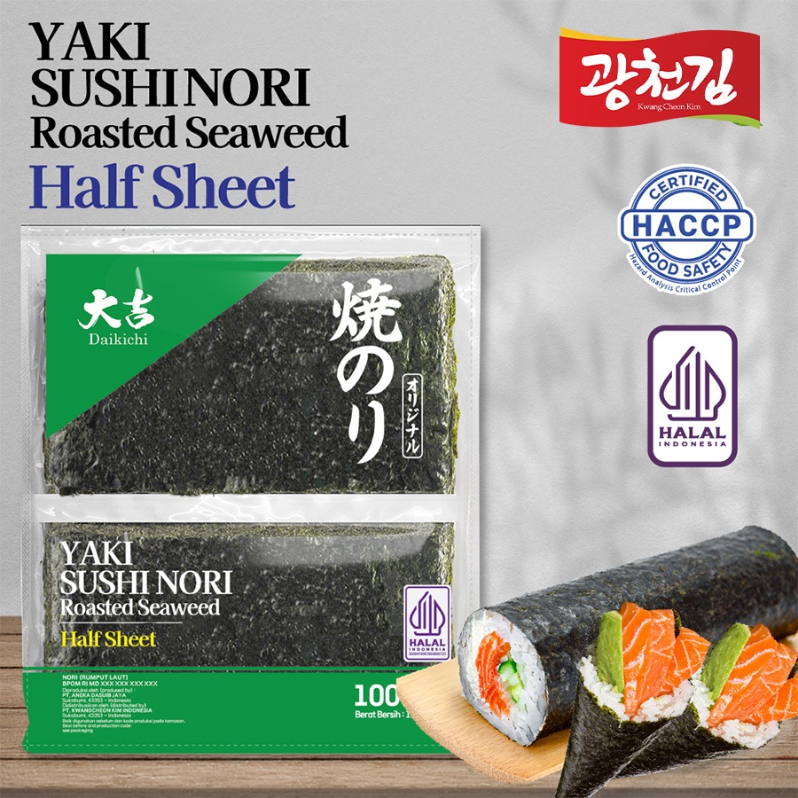 

(HALAL) DAIKICHI YAKI SUSHI NORI HALF SHEET ROASTED SEAWEED /RUMPUT LAUT PANGGANG (isi 100 lembar)