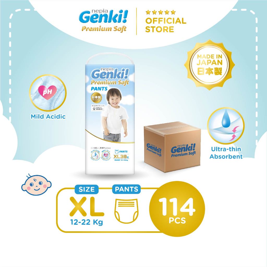(3 Pack) Nepia Genki Jumbo Popok Bayi Pants Popok Celana Bayi Diapers Premium Soft XL38
