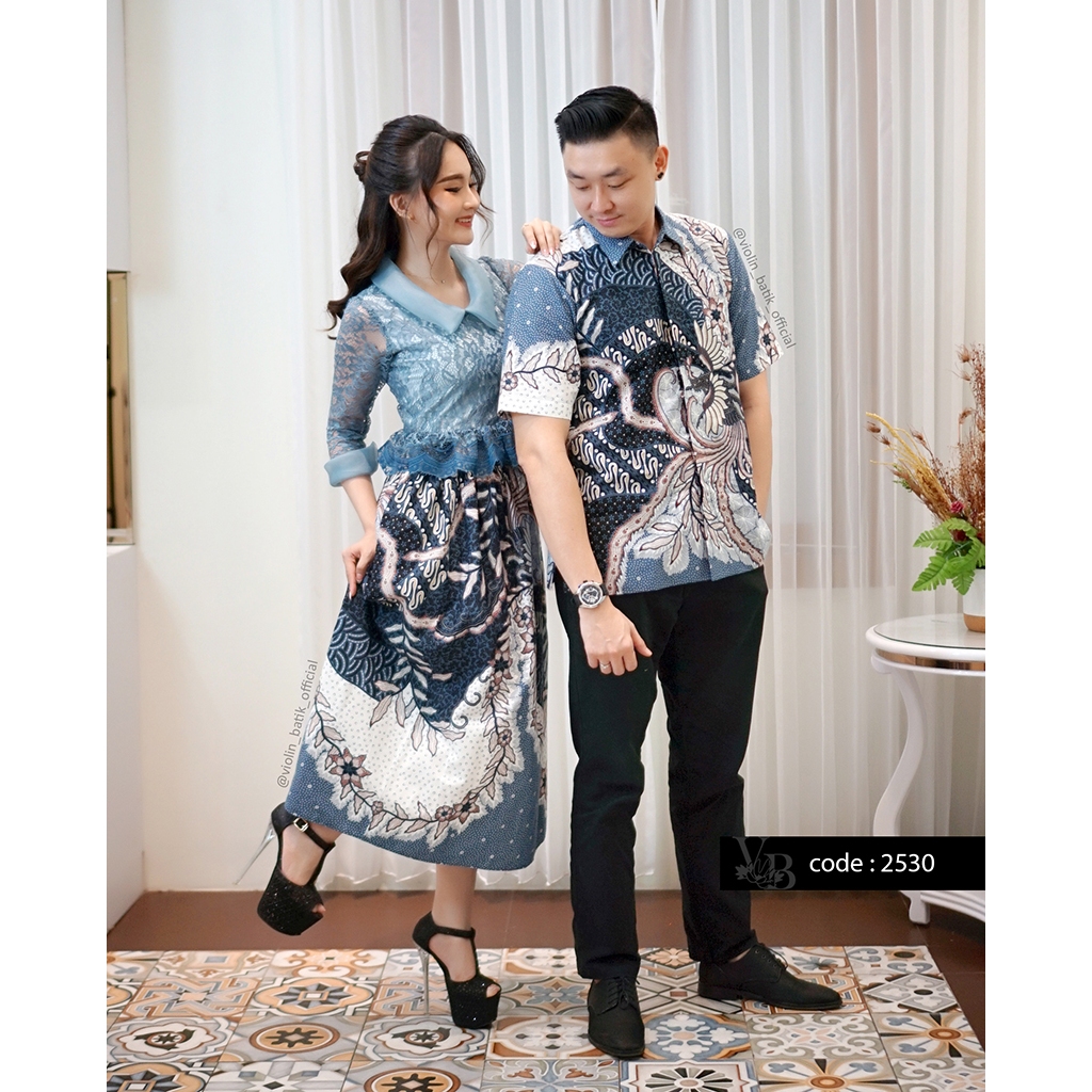 Violin Batik Stelan Rok Lebar Katun Dan Brokat Biru 2530