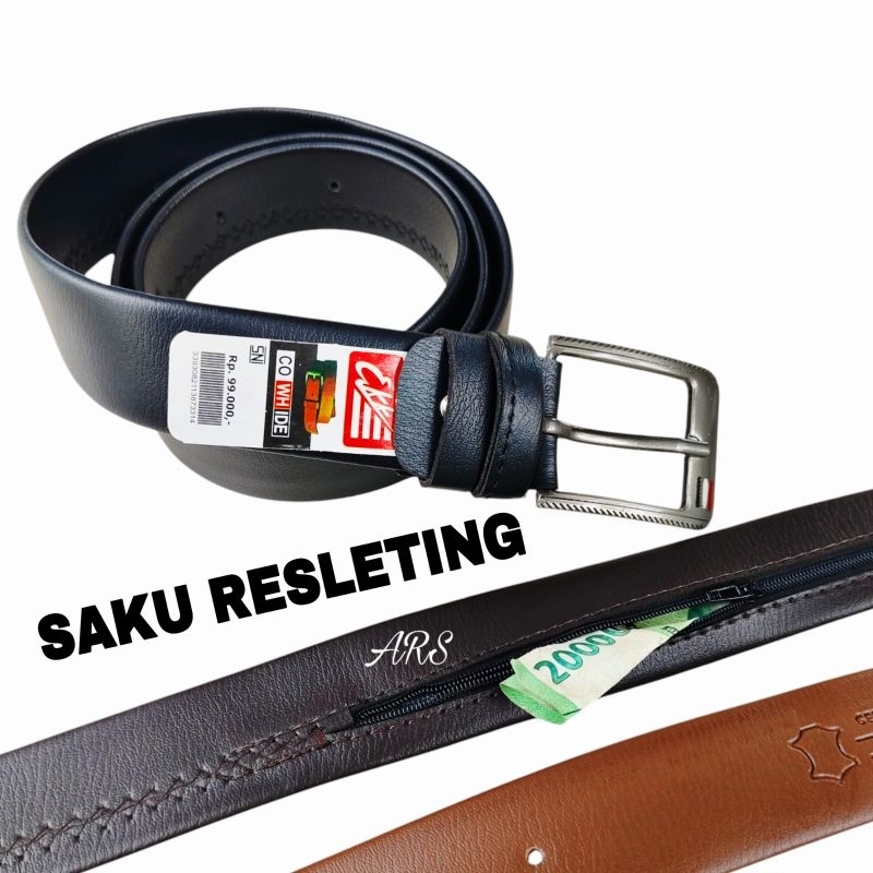Ikat pinggang pria kulit tipe kantong resleting ajaib