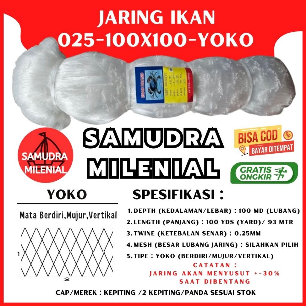 JARING SENAR 025 100X100 YOKO (MATA TEGAK)/JARING IKAN/ JARING KEPITING / JARING SENAR
