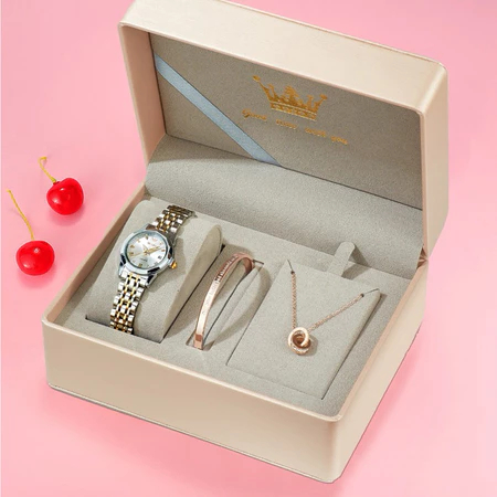 Olevs Jam Tangan wanita Set + Kalung + Gelang Original Luminous Tahan air Korea Stainless Steel