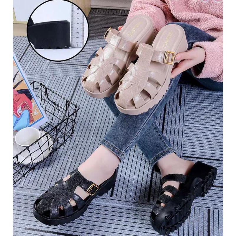READY STOCK Sepatu Sandal Mule Gladiator Wanita Wedges Jelly Coksu Hitam 37-40 Sepatu Hak Tinggi 5CM