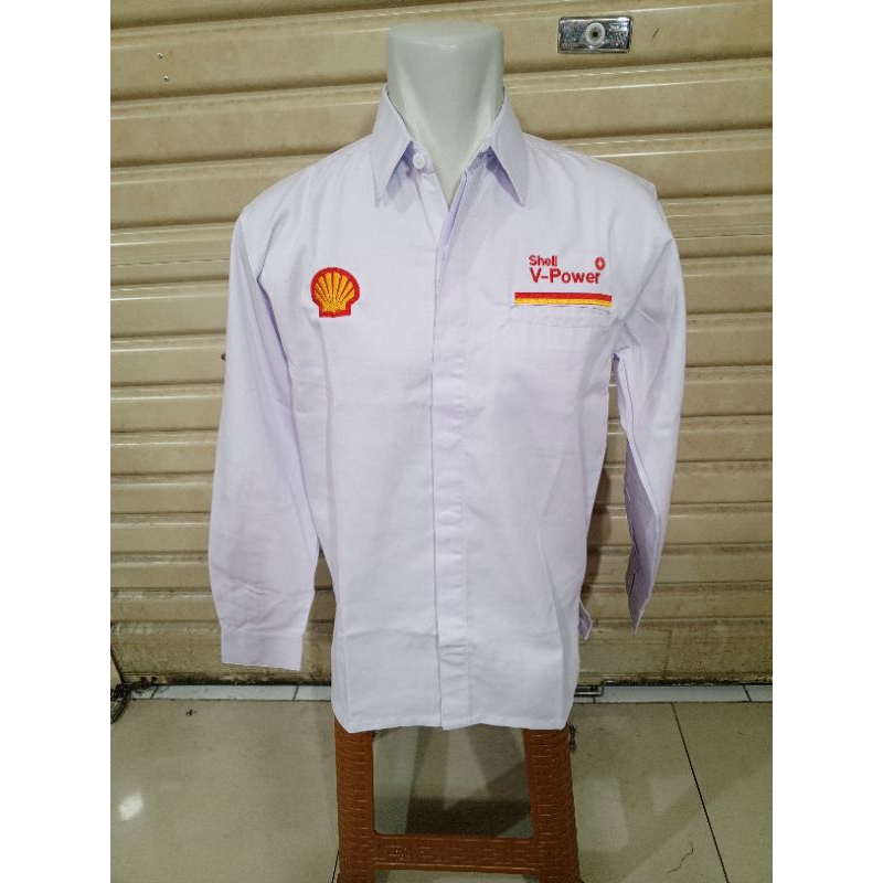kemeja shell-v fower seragam shell-V fower putih lengan panjang