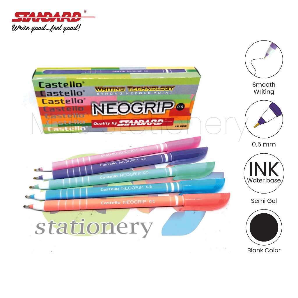

STANDARD Bolpoin Pulpen Ballpoint Semi Gel Pen Pena Castello Neogrip 0.5 1 Box 12 Pcs