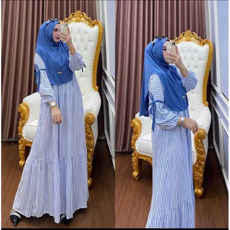 Gamis Salur Set Hijab Mahalini Gamis Muslimah Salur Terbaru Termurah