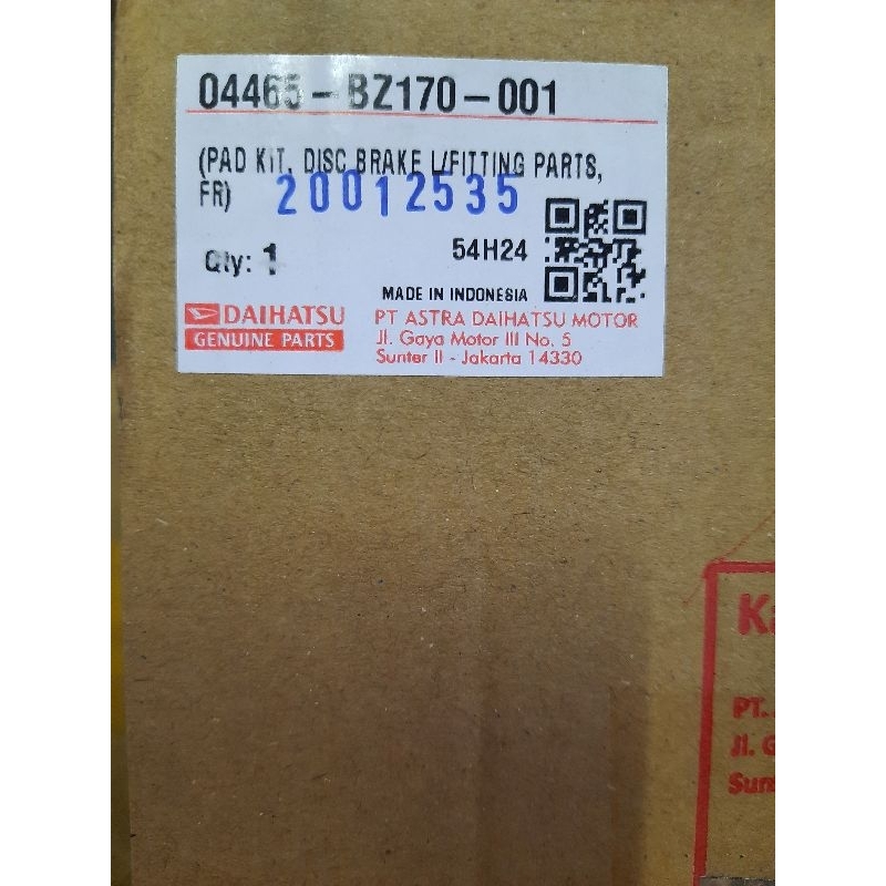 Kampas Rem Depan DAIHATSU XENIA AVANZA 2011-2015 ( set kanan-kiri  ) / 04465-BZ170-001