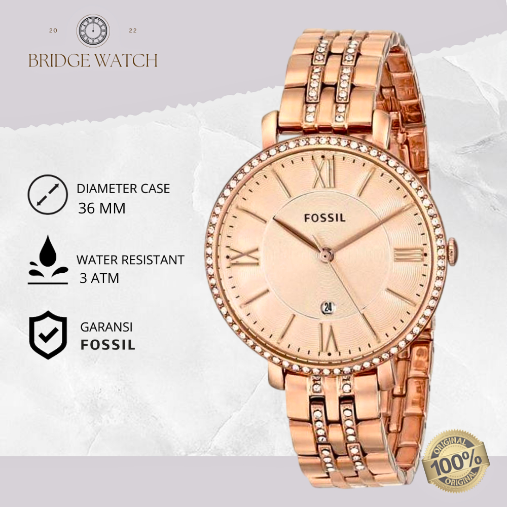 Jam Tangan Wanita Fossil Jacqueline ES3546 Original Analog Rose Gold Stainless Steel  Strap Rantai C