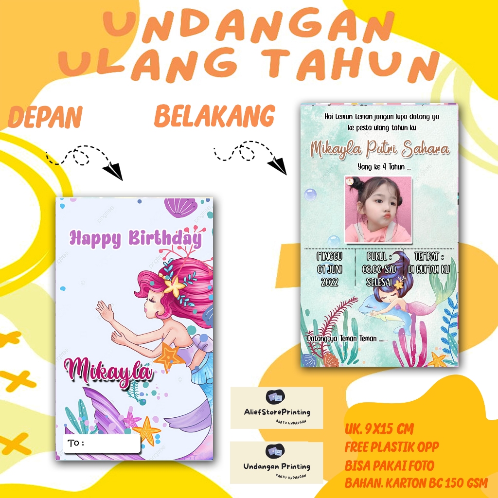 Undangan Ulang tahun Mermaid Karakter Undangan Custom Nama Foto Undangan Ultah Anak