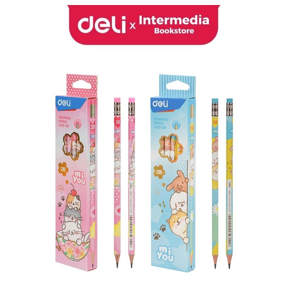 

Deli EC012-2B Graphite Pencil / Pensil Kayu 2B Isi 12pcs/Pack dengan Penghapus Desain Miyou