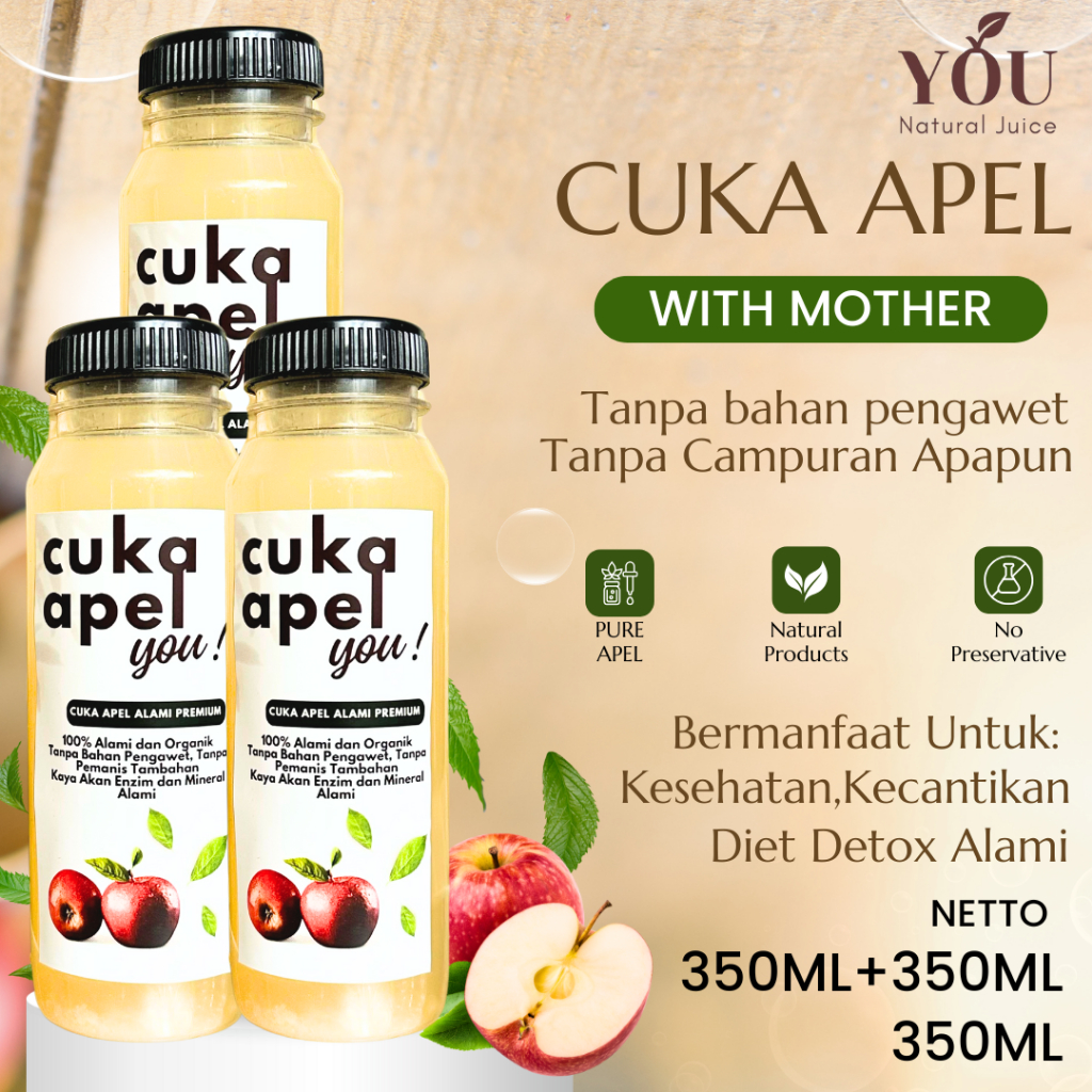 

PAKET 3 BOTOL Cuka Apel Organik YOU 350ML Original 100% Murni With Mother Detoks dan Kesehatan Kulit