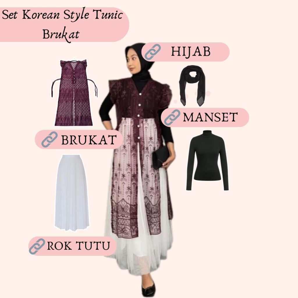 Oneset Wanita long vest Outer Tunic Brokat+Rok tutu+Manset+Hijab kondangan/wisuda/Baju hari Raya