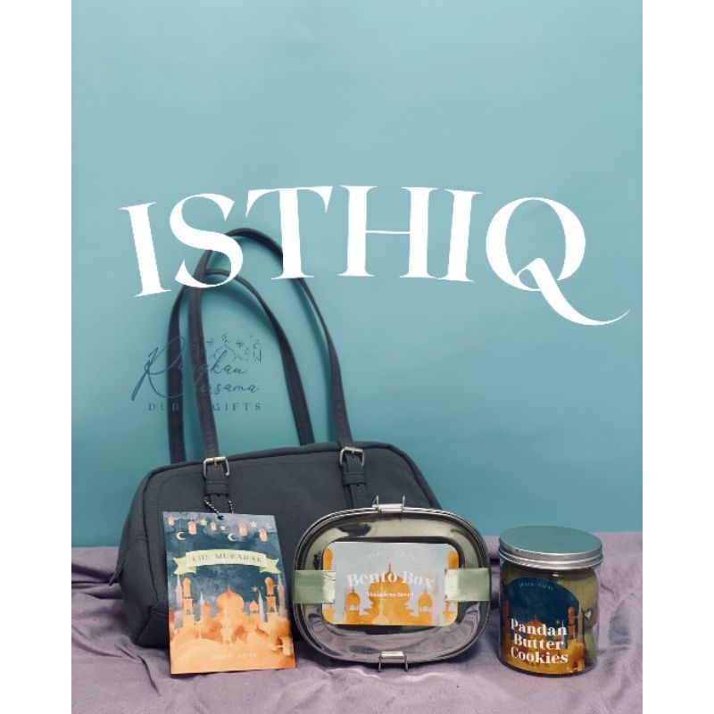 

ISTHIQ SET HAMPERS LEBARAN DUREE GIFTS BAGUETTE BAG COOKIES BENTO BOX FREE GREETING CARD DAN SAJADAH TRAVEL PARCEL LEBARAN