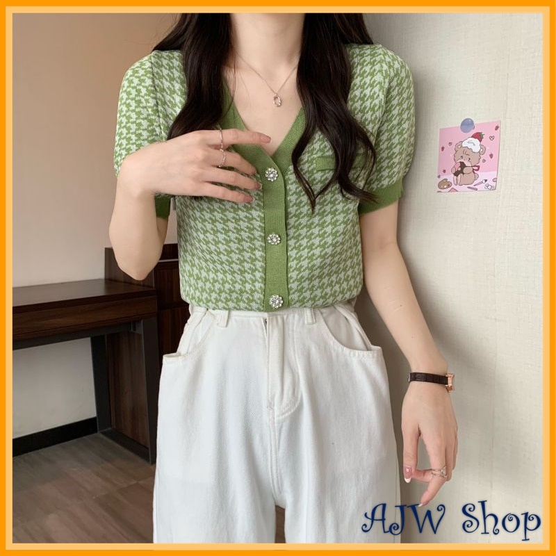 AJW Atasan Korea Lucu Houndstooth Lengan Pendek HBC | Cardigan Lengan Pendek Houndstooth Knit Import