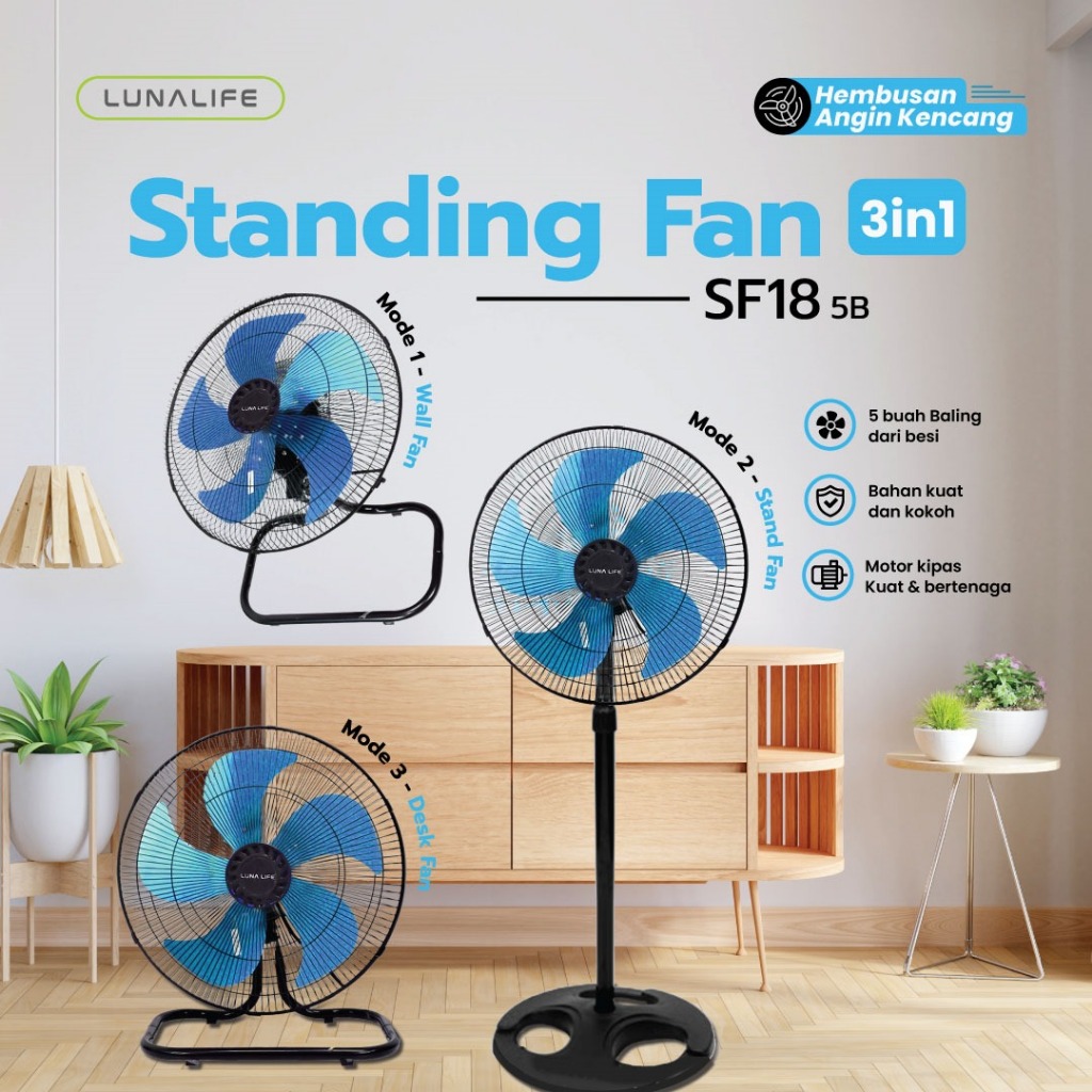 LUNALIFE Kipas Angin 18 INCH 3/5 Daun Baling 3in1 Stand/Desk/Wall SNI Garansi Resmi 1 Tahun