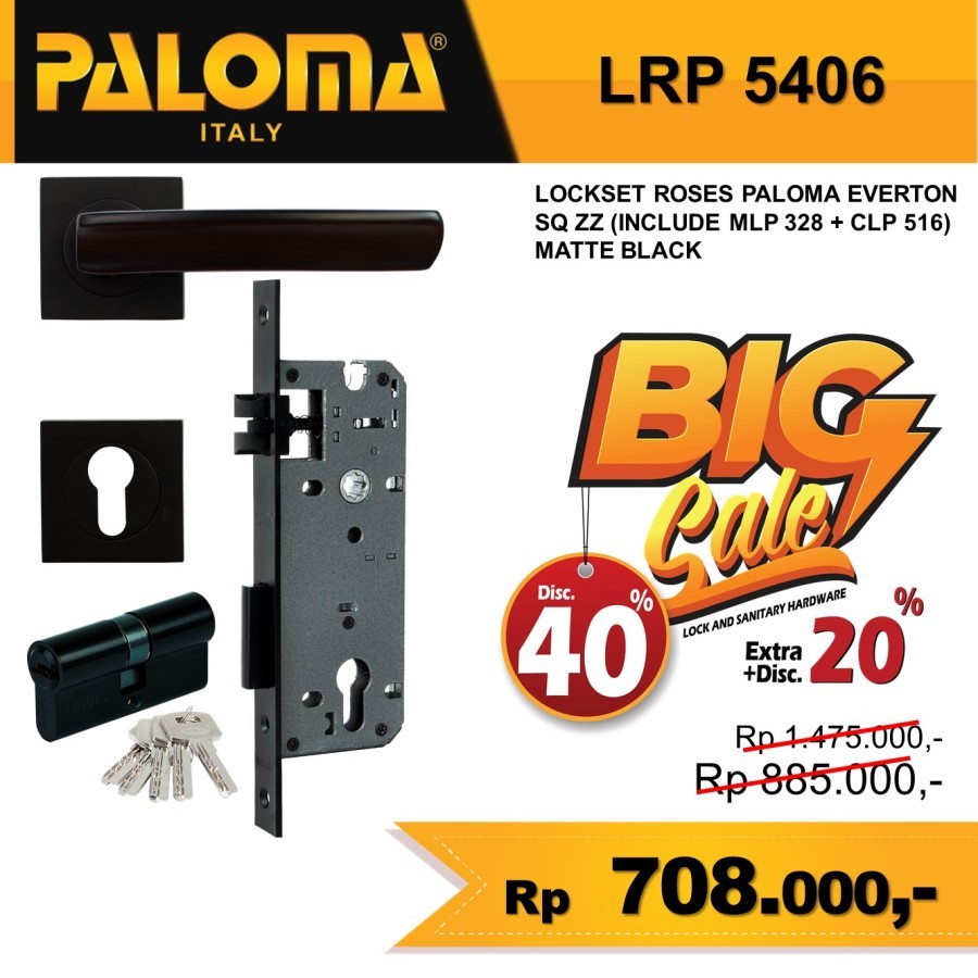 PALOMA Handle Pintu Set Kunci Komplit Solid Gagang Pintu Hitam LRP 5406