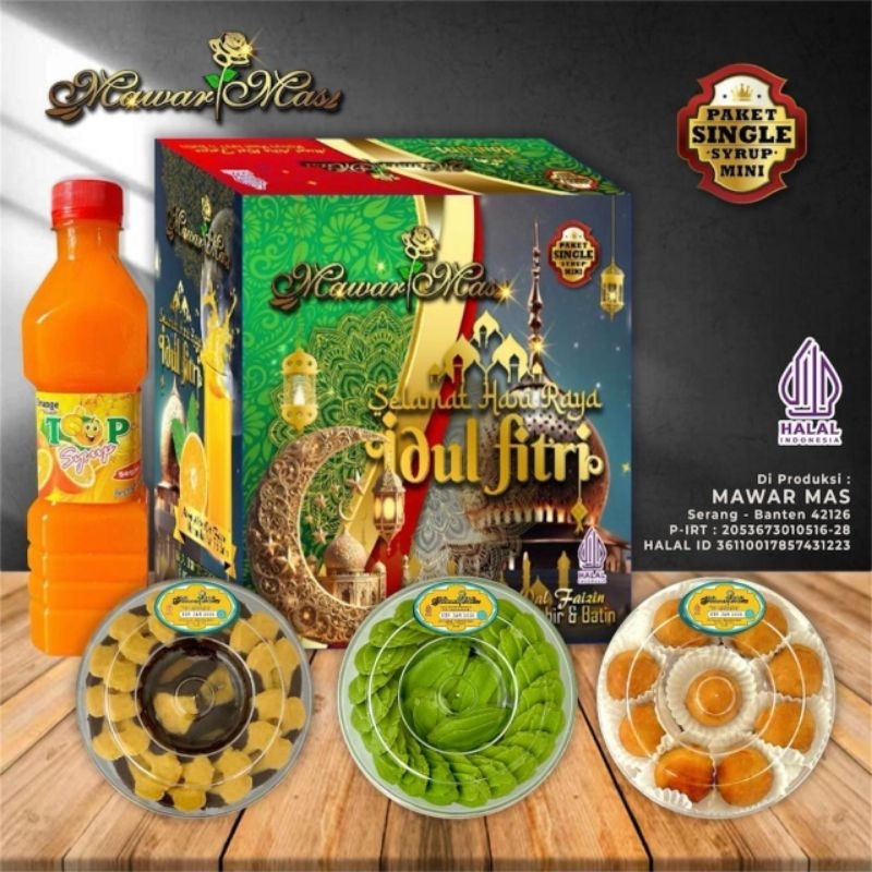 

Kue Lebaran hampers parcel kue kering Merk Mawar mas paket single sirup mini 3toples