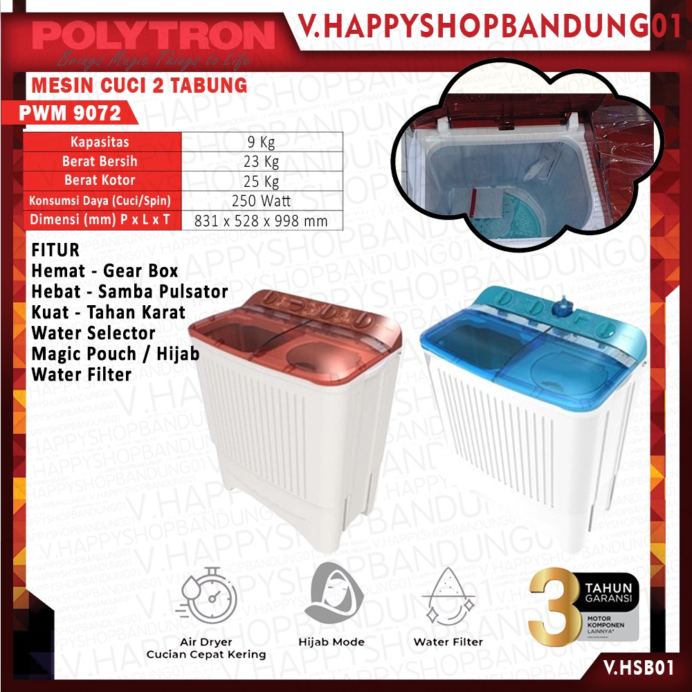mesin cuci 2 tabung polytron 2 tabung 9kg mesin cuci polytron 9 KG PWM 9072