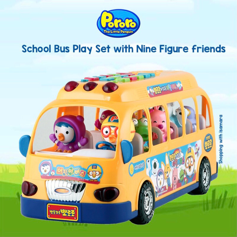 Pororo School Bus Play Set with 9 Figure Set / Mainan mobil bus