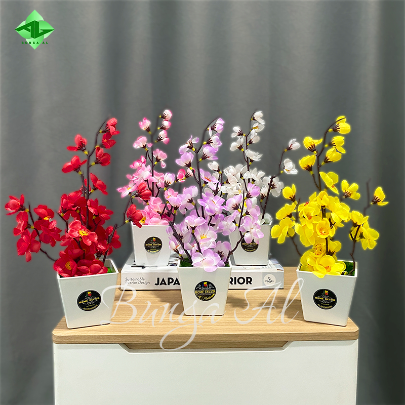 Bunga sakura plastik hias artificial pot ember dan kotak hiasan meja ruang tamu kantor rb6070