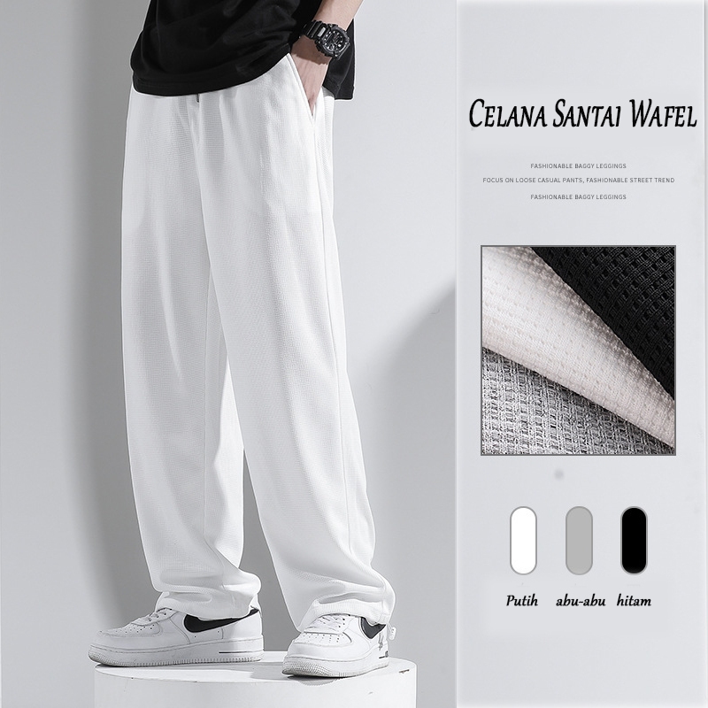 celana putih celana waffle baggy pants pria hitam loose pants pria celana Abu-Abu pria Celana Korea 