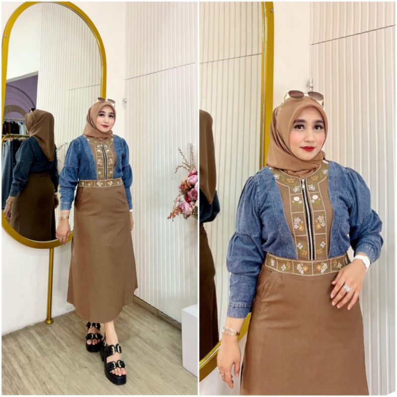GAMIS WANITA COKLAT BUNGA SOFT JEANS/GAMIS MODIS TERBARU