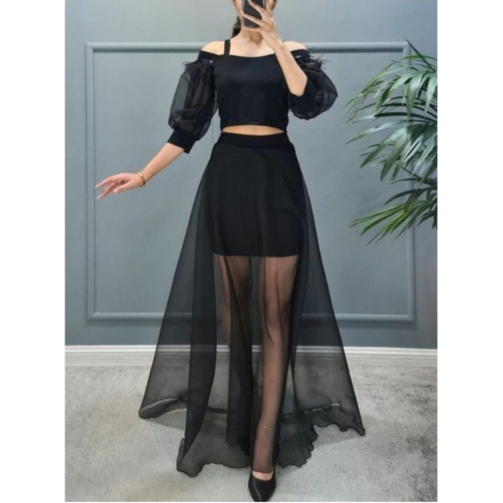 custom - referensi eghalisa one set organza mix  scuba tanpa bulu- bulu panjang dress 145cm